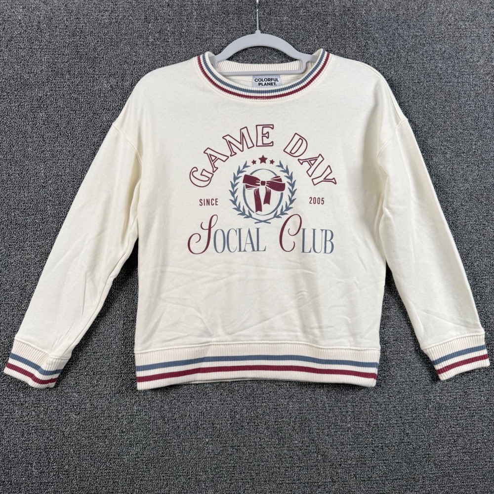 NWOT Colorful Planet Kids 10 Sweatshirt Cream Game Day Social Club Varsity‎ Bow